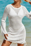 Hollow Out Bell Sleeve Drawstring Knit Cover Up Dress - Trendsi