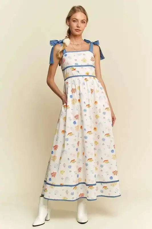 Davi & Dani Denim Binding Detail Smocking Summer Maxi Dress - Trendsi
