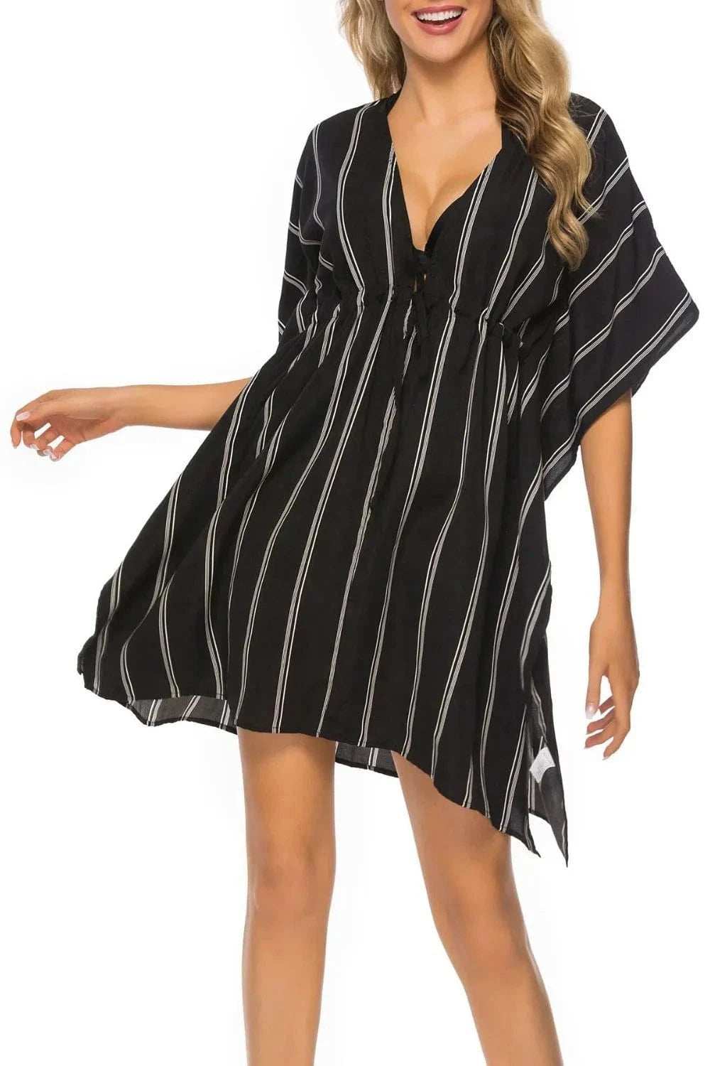 Drawstring Striped V-Neck Cover-Up - Trendsi - Flyclothing LLC