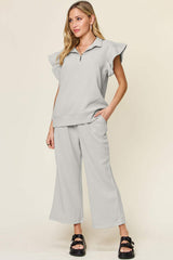 Double Take Texture Ruffle Short Sleeve Top and Drawstring Wide Leg Pants Set - Trendsi - Flyclothing LLC