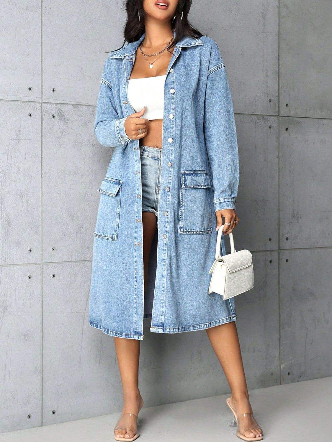 Pocketed Button Up Collared Neck Denim Top - Trendsi - Flyclothing LLC
