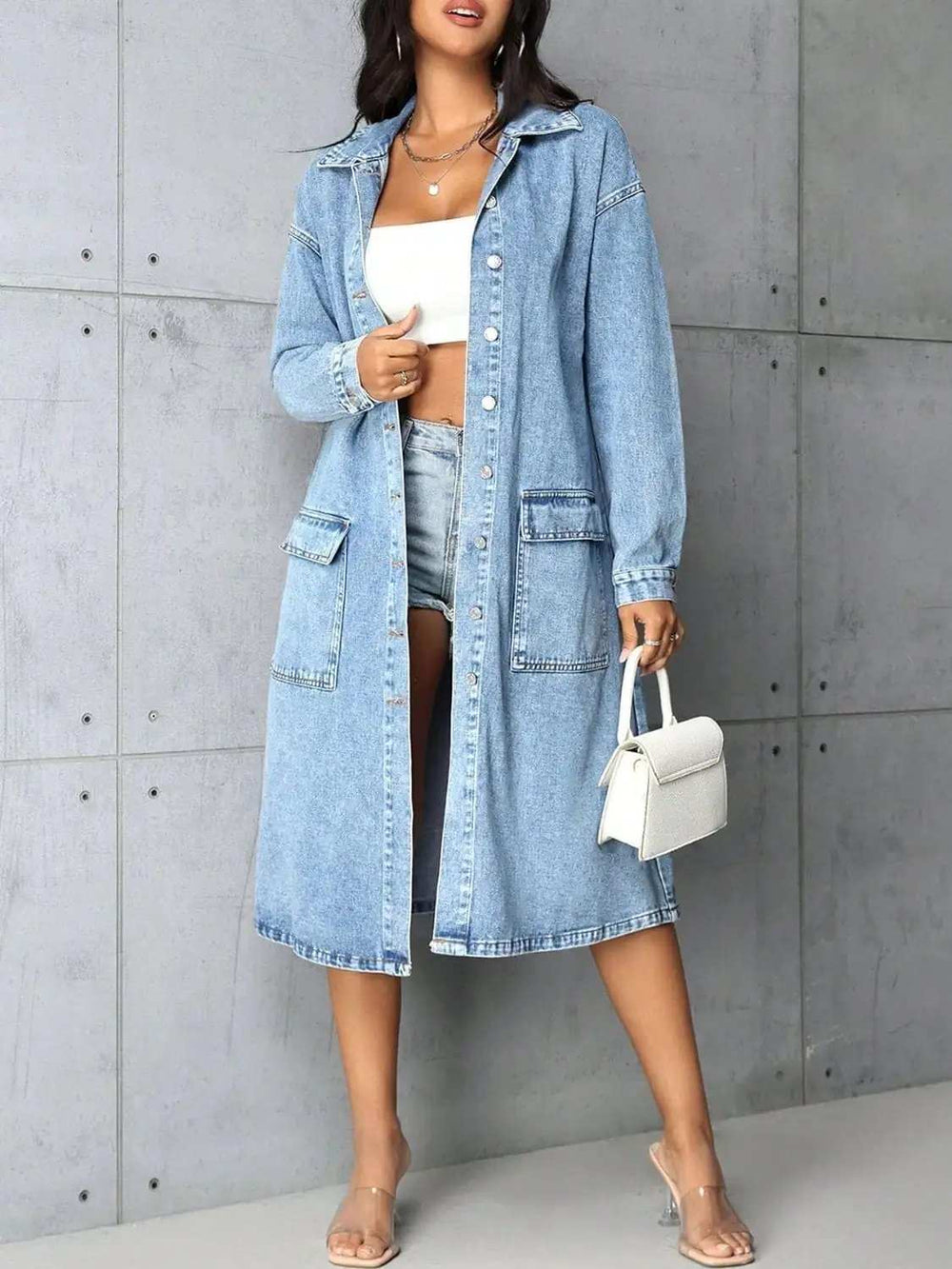 Pocketed Button Up Collared Neck Denim Top - Trendsi - Flyclothing LLC