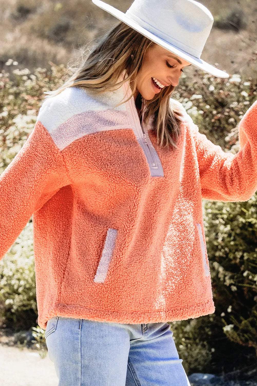 Contrast Half Zip Long Sleeve Sweatshirt - Trendsi - Flyclothing LLC