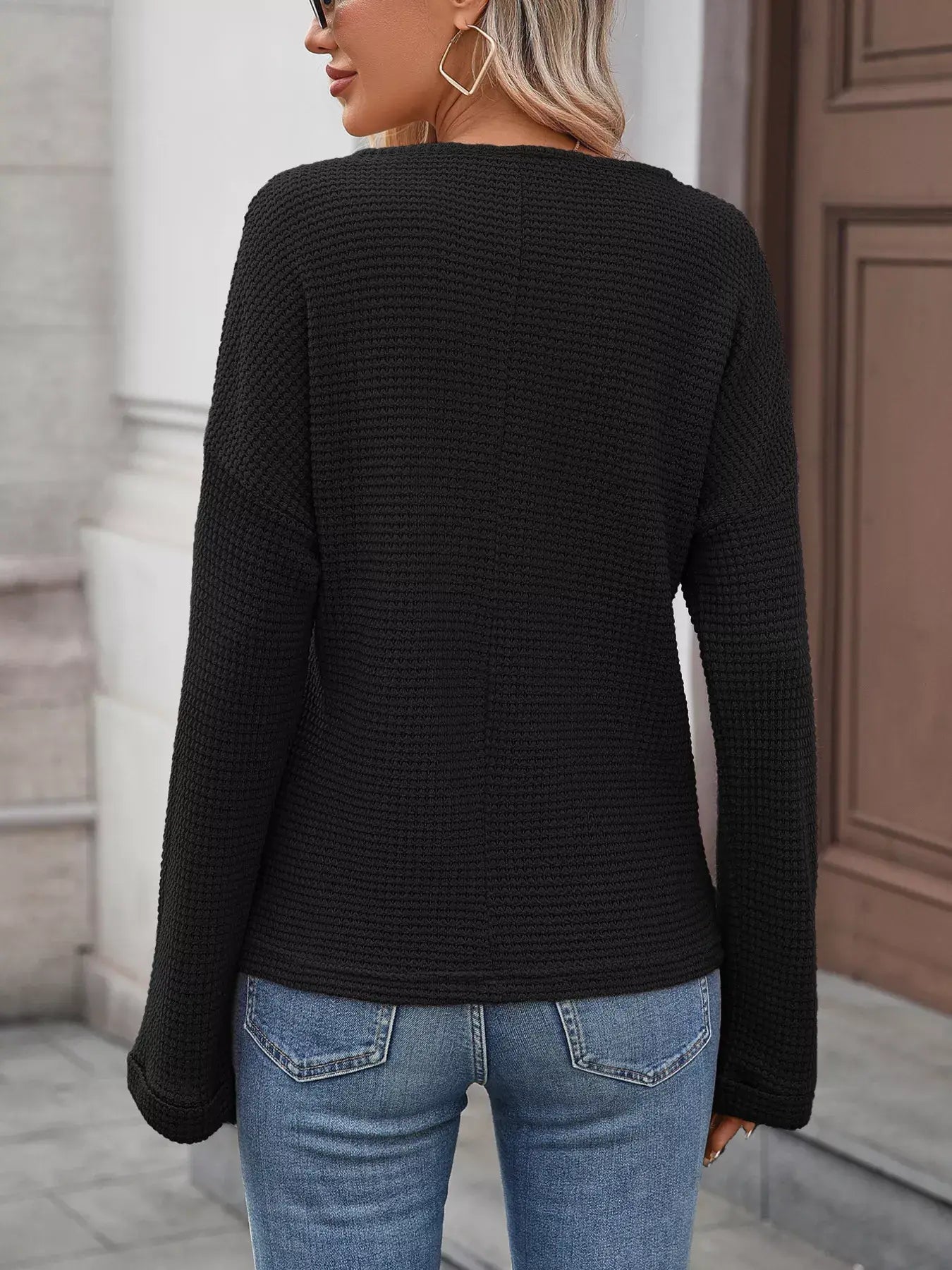 Striped Notched Long Sleeve T-Shirt - Trendsi - Flyclothing LLC