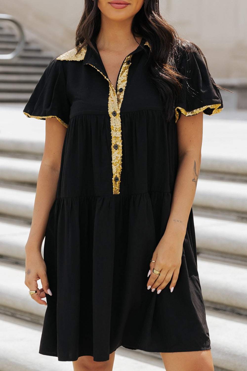 Sequin Half Button Short Sleeve Dress - Trendsi - Flyclothing LLC