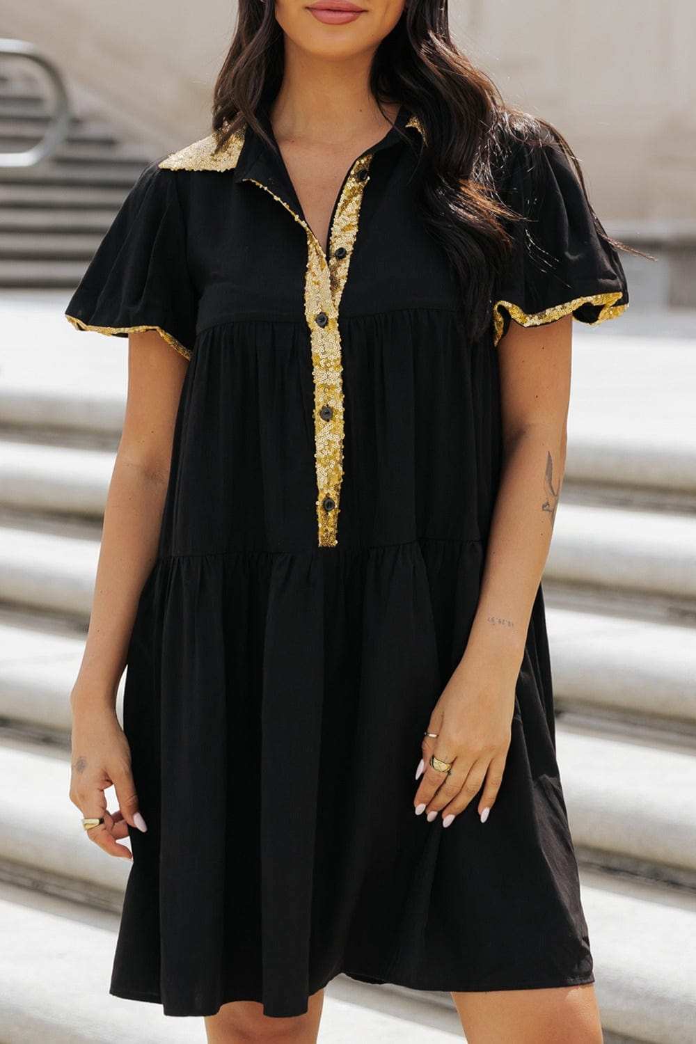 Sequin Half Button Short Sleeve Dress - Trendsi - Flyclothing LLC