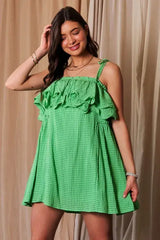 Davi & Dani Textured Jacquard Checker Fabric Ruffled Dress - Trendsi - Flyclothing LLC