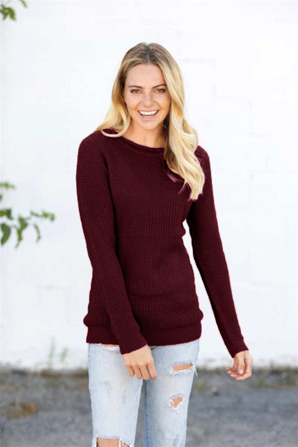 Round Neck Raglan Sleeve Sweater - Trendsi - Flyclothing LLC