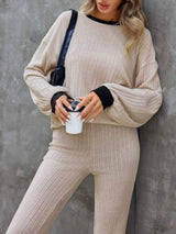 Contrast Round Neck Long Sleeve Top and Bootcut Pants Set - Trendsi - Flyclothing LLC