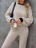Contrast Round Neck Long Sleeve Top and Bootcut Pants Set - Trendsi - Flyclothing LLC