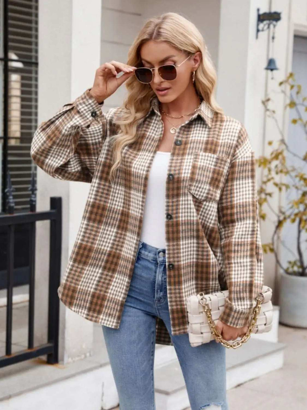 Pocketed Plaid Collared Neck Long Sleeve Shirt - Trendsi - Flyclothing LLC