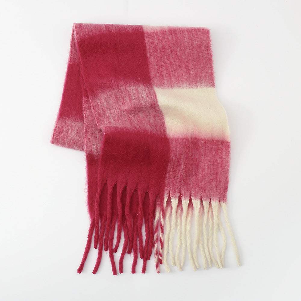 Fringe Contrast Plaid Polyester Scarf - Trendsi - Flyclothing LLC