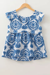 Boho Print Ruffled Cap Sleeve Crew Neck Blouse - Trendsi - Flyclothing LLC