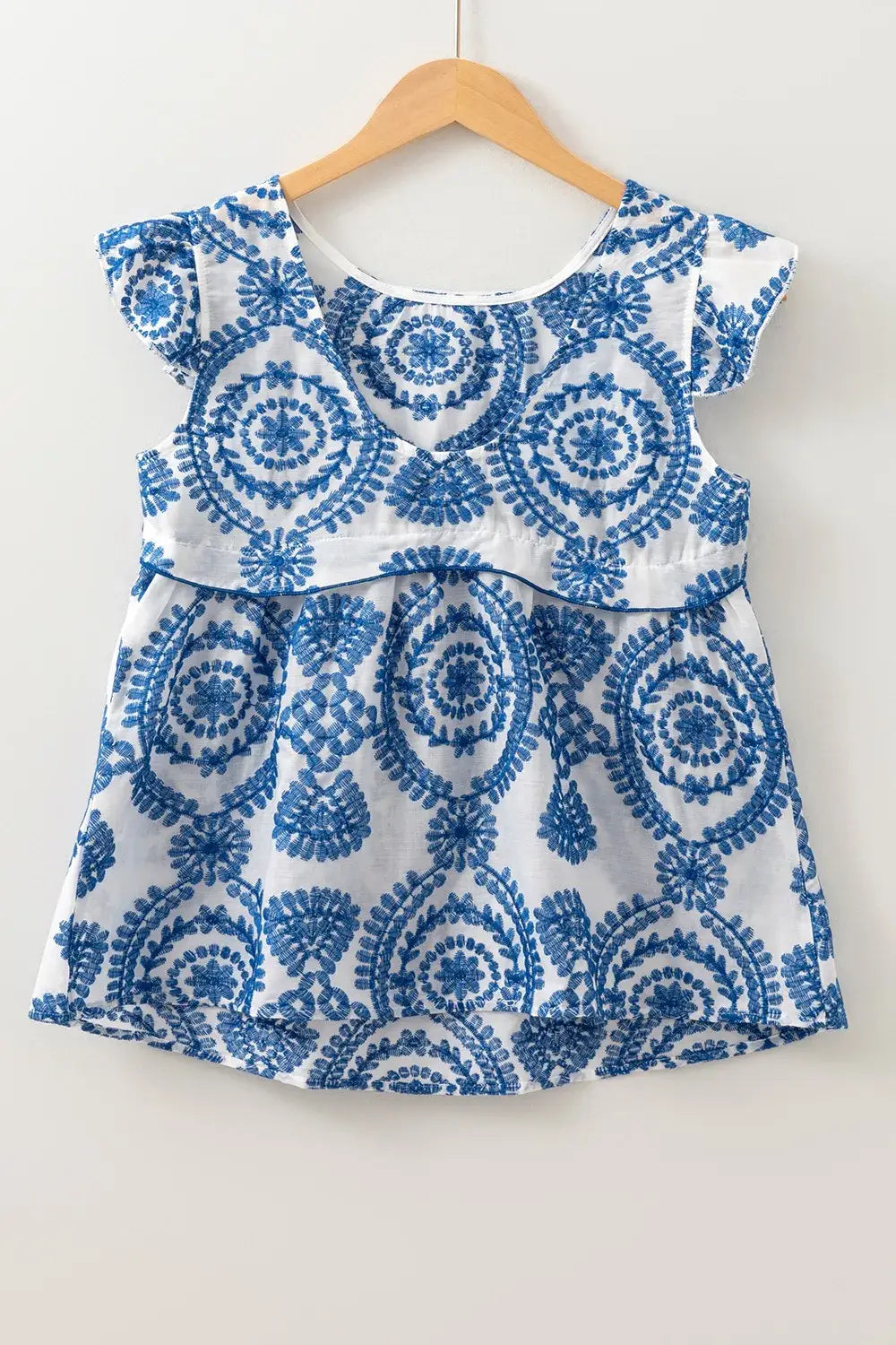 Boho Print Ruffled Cap Sleeve Crew Neck Blouse - Trendsi - Flyclothing LLC