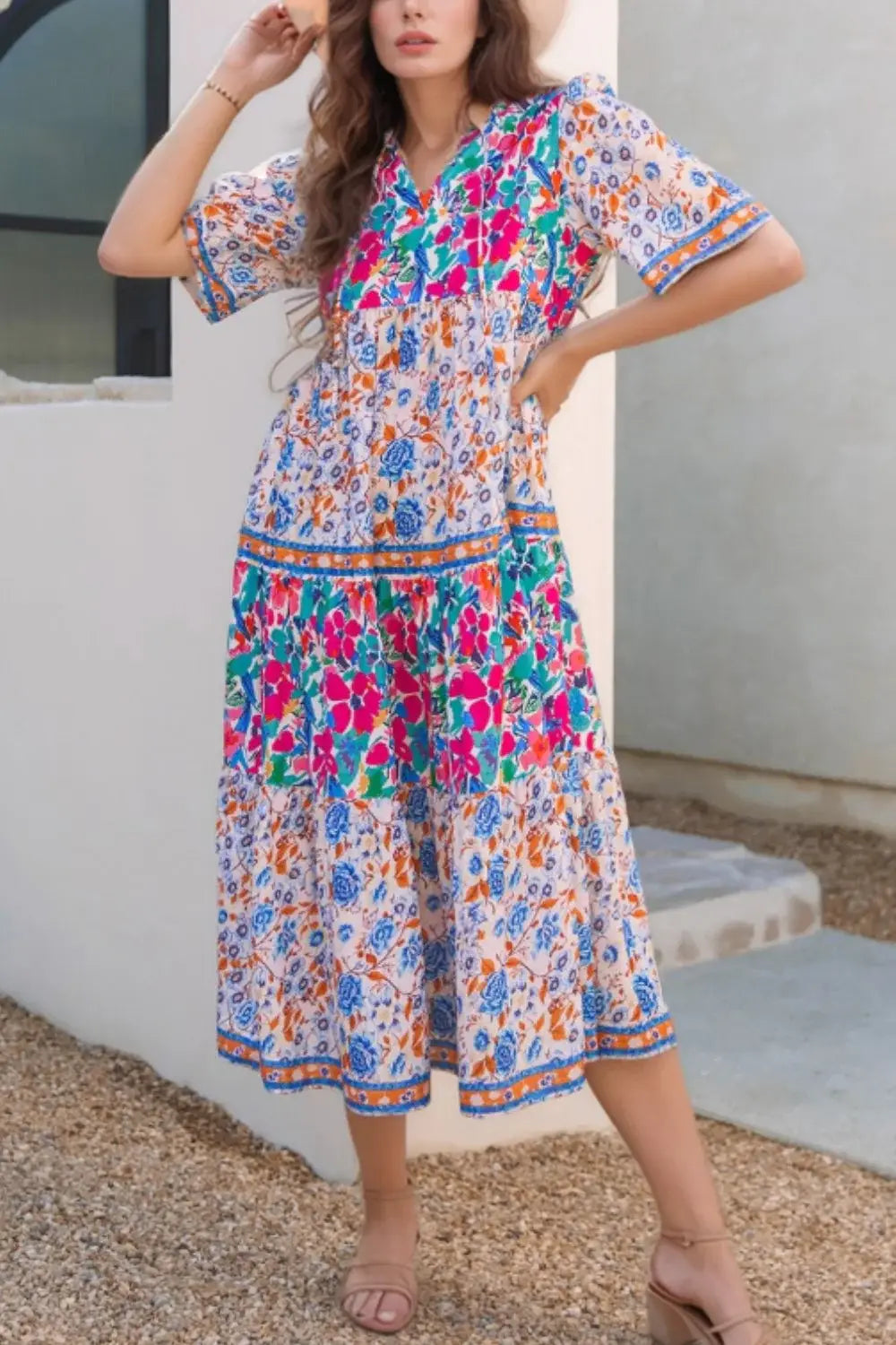 Mixed Floral Print Tie Neck Short Sleeve Dress - Trendsi - Flyclothing LLC