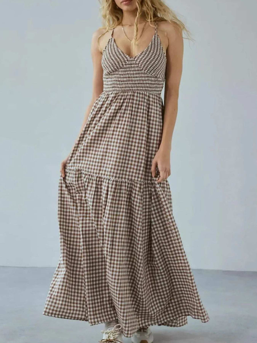 Crisscross Back Plaid Maxi Cami Dress - Trendsi