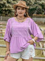 Plus Size Lace Detail Round Neck Three-Quarter Sleeve Blouse - Trendsi - Flyclothing LLC