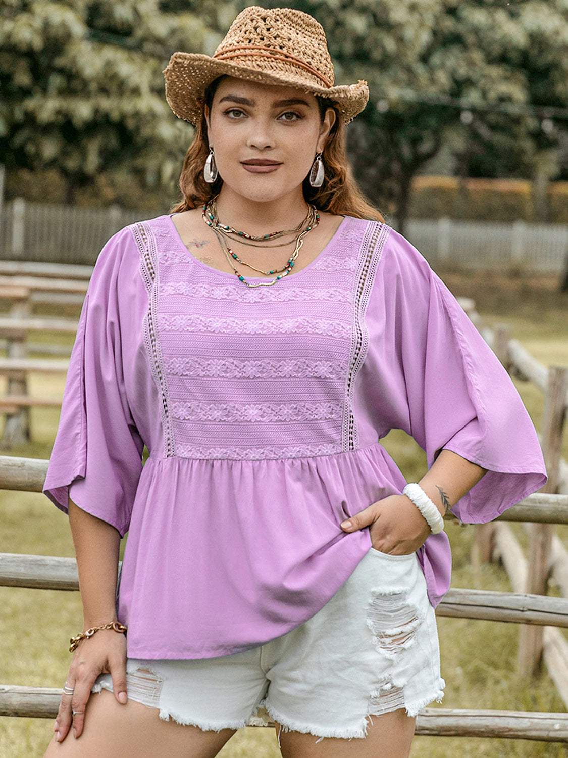 Plus Size Lace Detail Round Neck Three-Quarter Sleeve Blouse - Trendsi - Flyclothing LLC