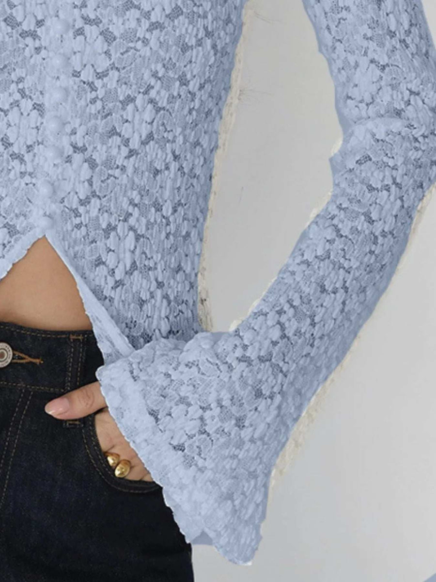 Lace V-Neck Flare Sleeve T-Shirt - Trendsi - Flyclothing LLC