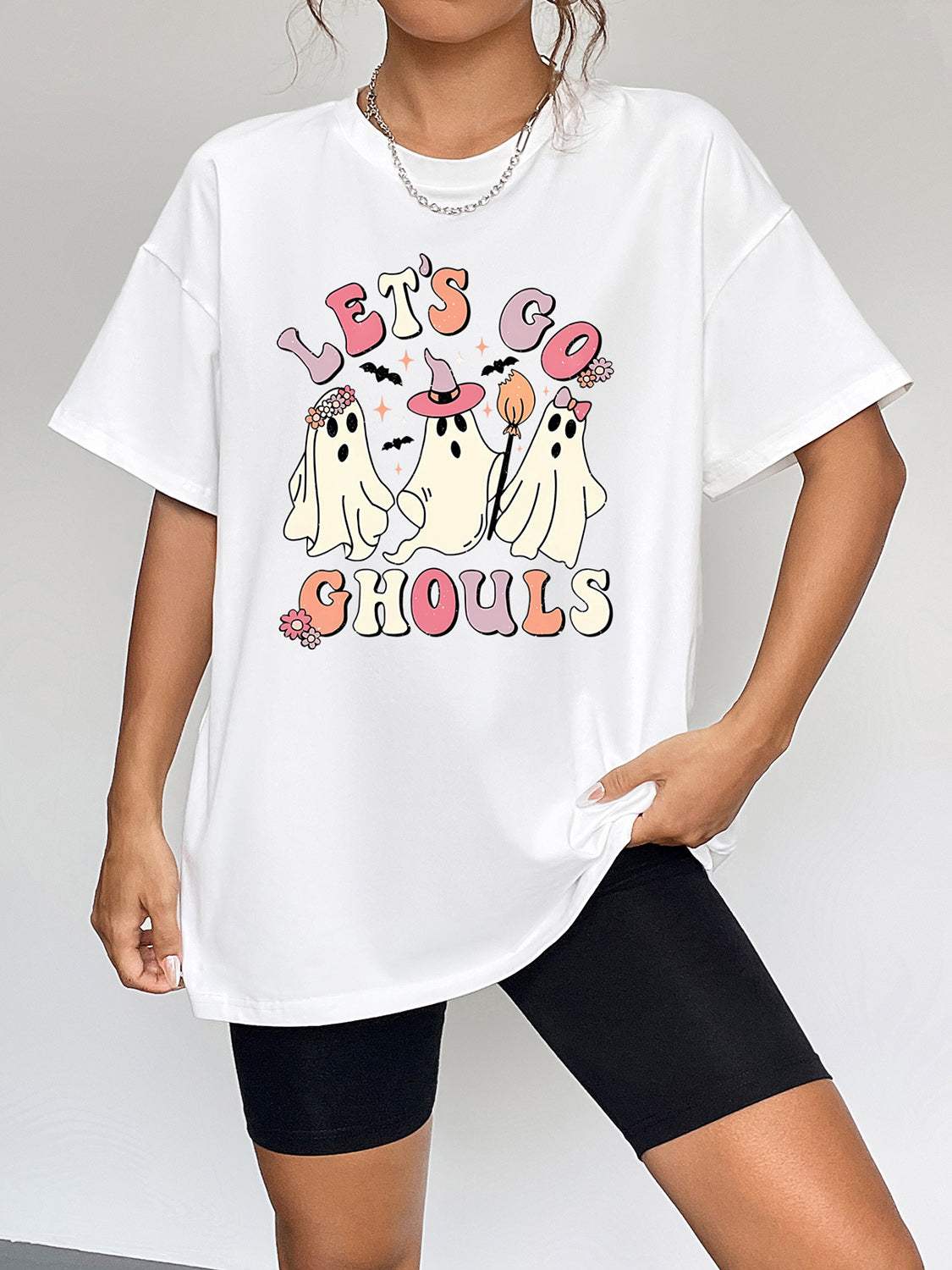 Round Neck Short Sleeve LET'S GO GHOULS Graphic T-Shirt - Trendsi - Flyclothing LLC