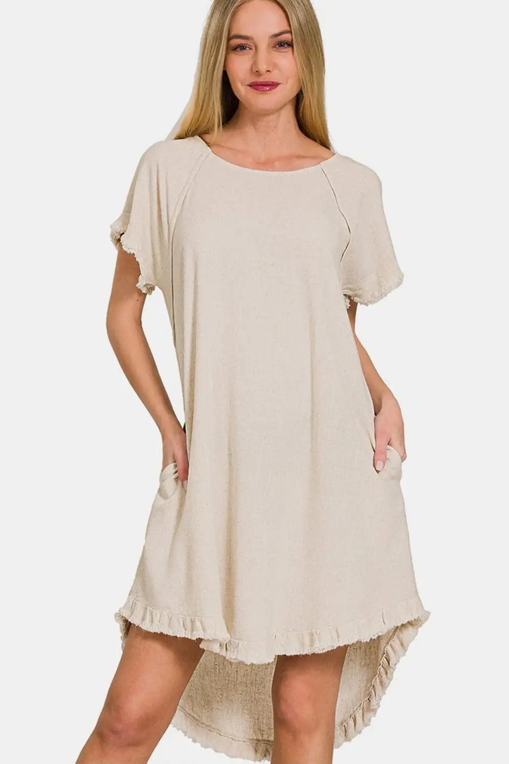 Zenana Fringe Edge High Low Flowy Dress with Pockets - Trendsi