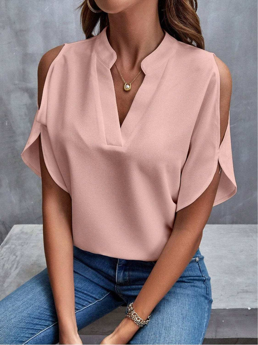 Notched Cold Shoulder Half Sleeve Blouse - Trendsi - Flyclothing LLC