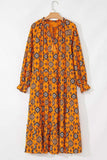 Frill Printed Tie Neck Long Sleeve Dress - Trendsi - Flyclothing LLC