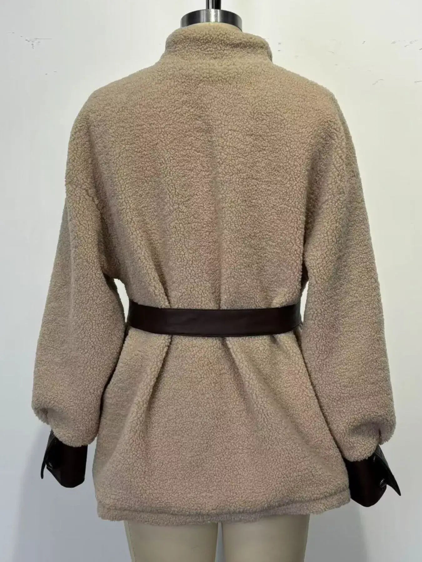 Leather Trim Sherpa Outerwear with Pockets - Trendsi - Flyclothing LLC