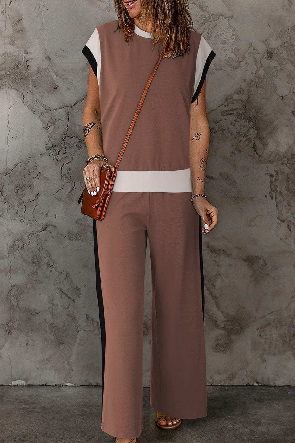 Contrast Round Neck Top and Pants Set - Trendsi - Flyclothing LLC