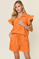 Double Take Full Size Texture Flounce Sleeve Top and Drawstring Shorts Set - Trendsi - Flyclothing LLC