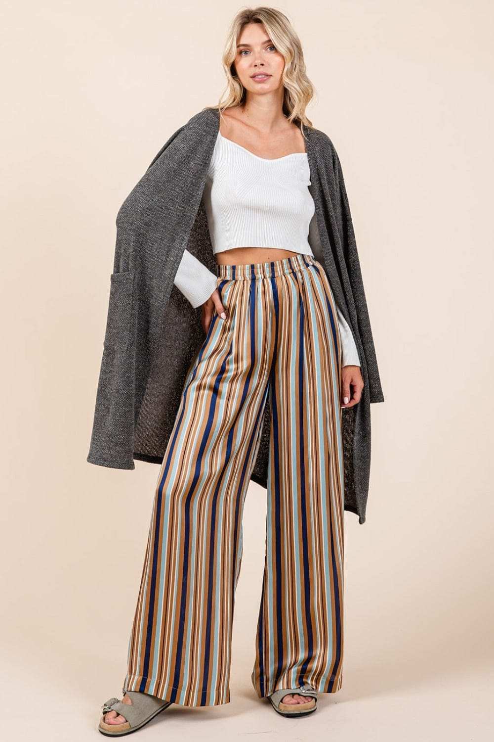 Mittoshop Striped Satin Elastic Waist Wide Leg Pants - Trendsi - Flyclothing LLC