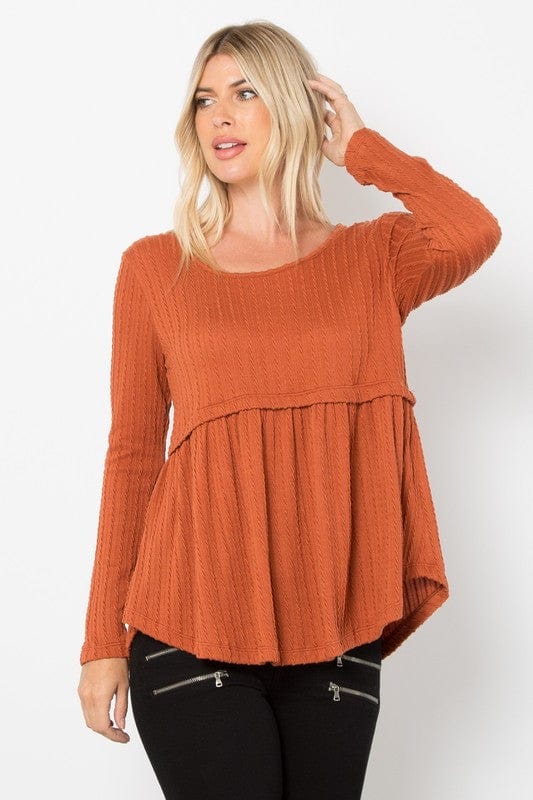 Be Stage Full Size Texture Babydoll Round Neck Long Sleeve Knit Top - Trendsi