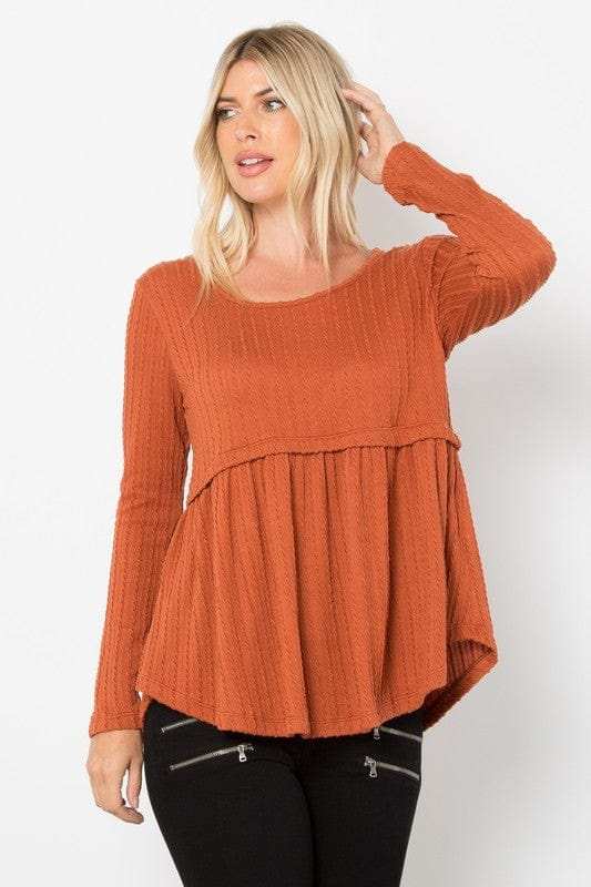Be Stage Full Size Texture Babydoll Round Neck Long Sleeve Knit Top - Trendsi - Flyclothing LLC