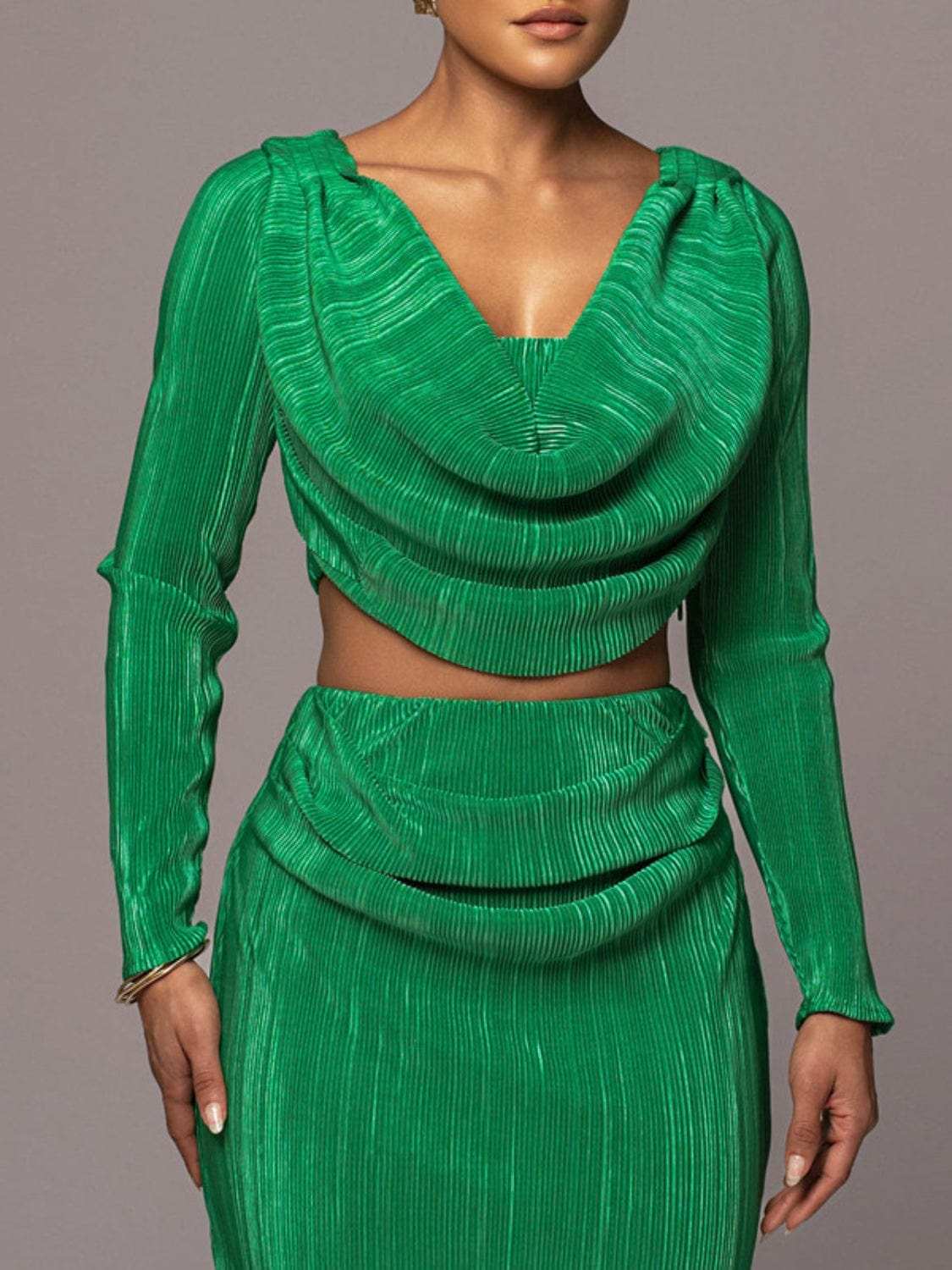 Ruched Cowl Neck Top and Maxi Skirt Set - Trendsi - Flyclothing LLC