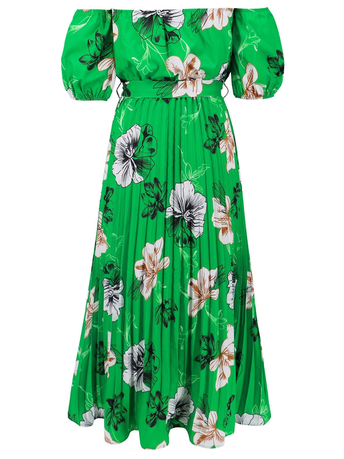 Pleated Floral Off-Shoulder Short Sleeve Midi Dress - Trendsi