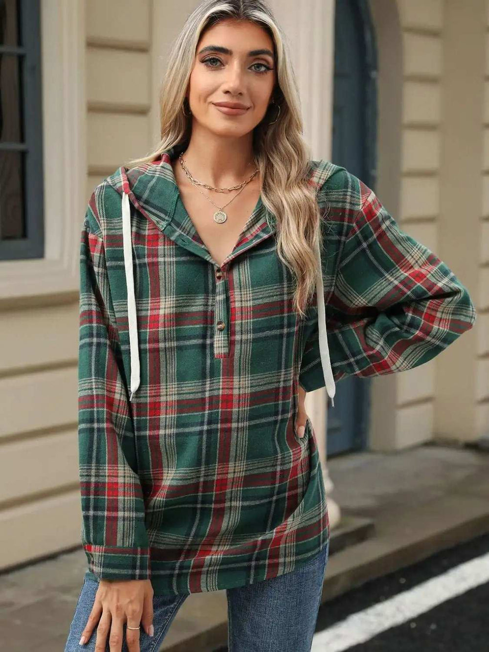 Drawstring Plaid Hooded Long Sleeve Top - Trendsi - Flyclothing LLC