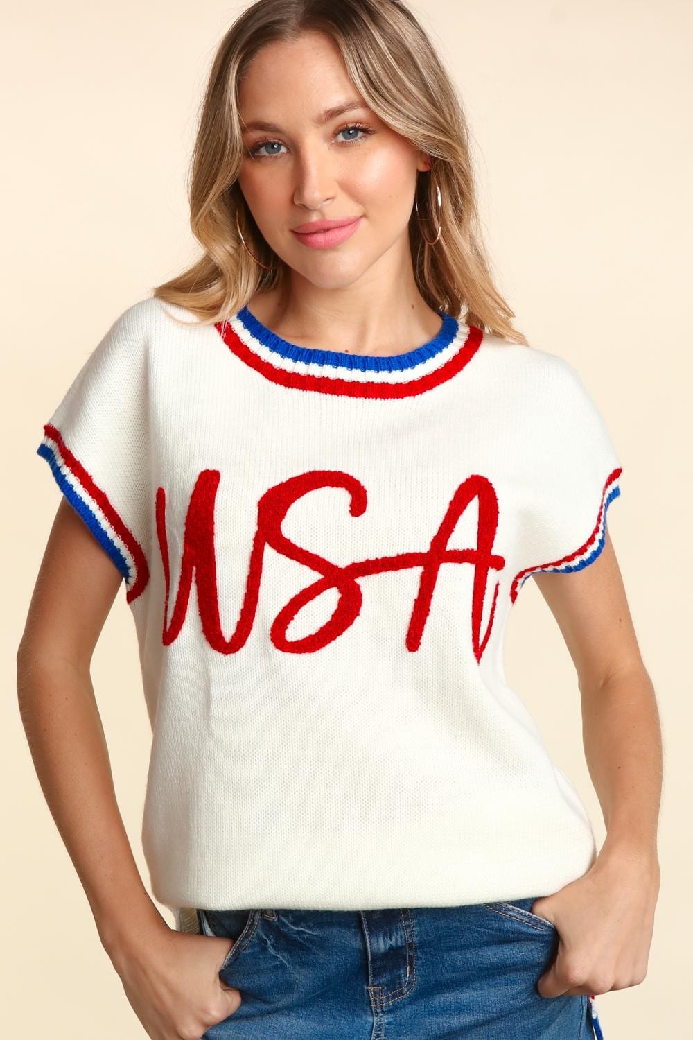Haptics Letter Embroidery Slit Knit Top - Trendsi