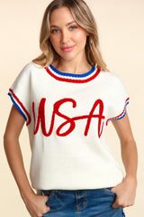 Haptics Letter Embroidery Slit Knit Top - Trendsi