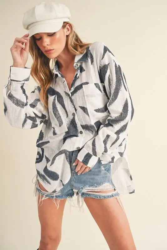 Aemi + Co High-Low Printed Button Up Long Sleeve Shirt - Trendsi - Flyclothing LLC