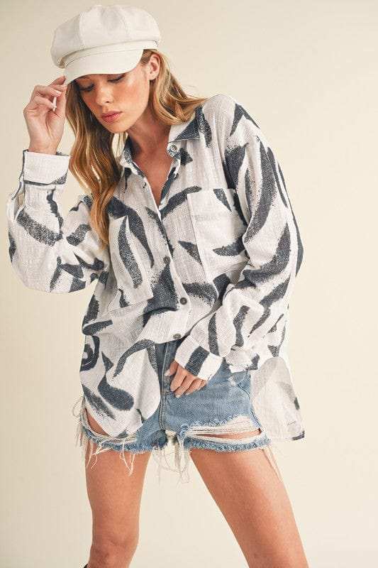 Aemi + Co High-Low Printed Button Up Long Sleeve Shirt - Trendsi - Flyclothing LLC