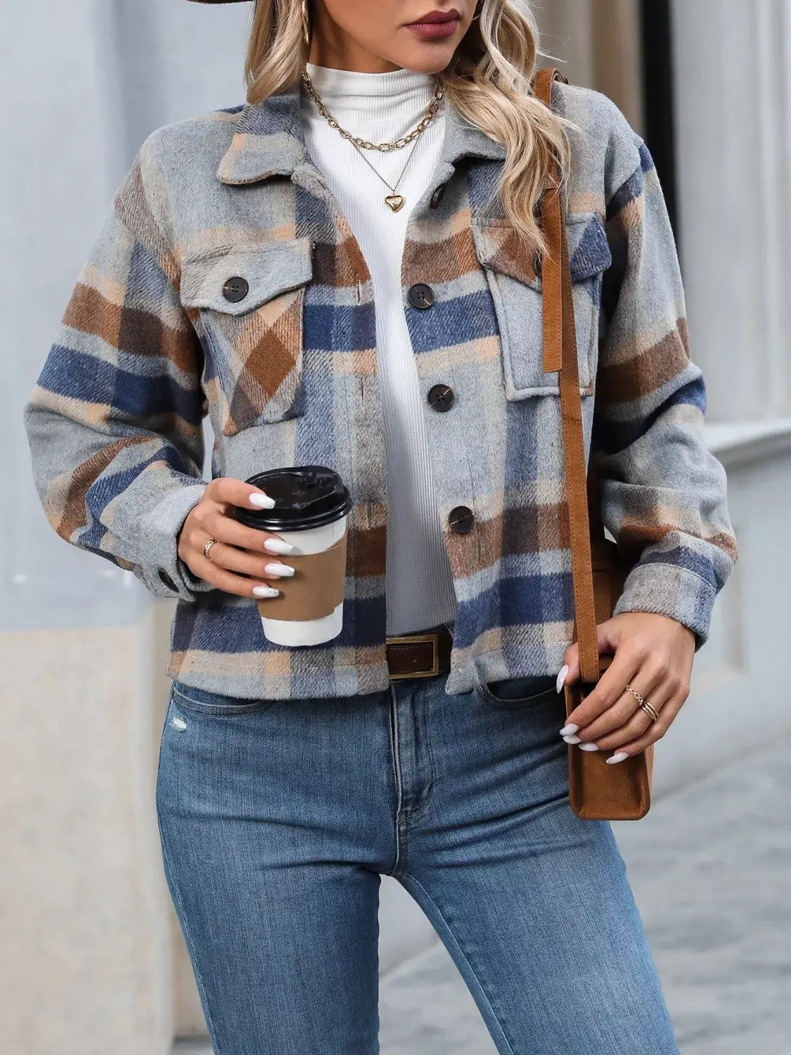 Plaid Button-Up Jacket - Trendsi - Flyclothing LLC