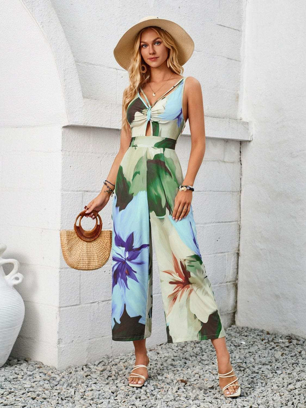Cutout Printed Wide Strap Jumpsuit - Trendsi - Flyclothing LLC