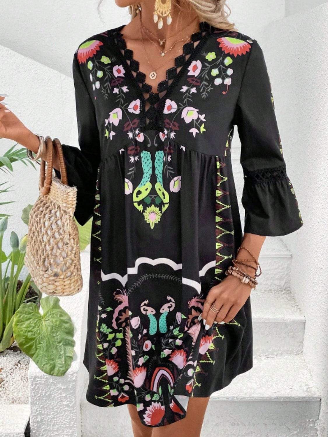 Lace Detail Printed Three-Quarter Sleeve Dress - Trendsi - Flyclothing LLC