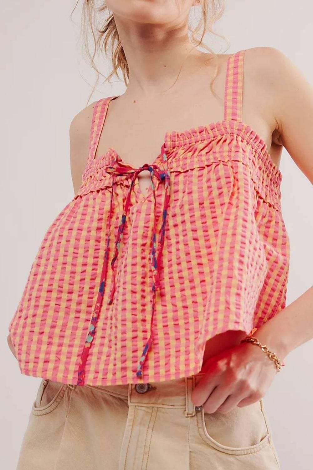 Tied Front Textured Square Neck Cami - Trendsi - Flyclothing LLC