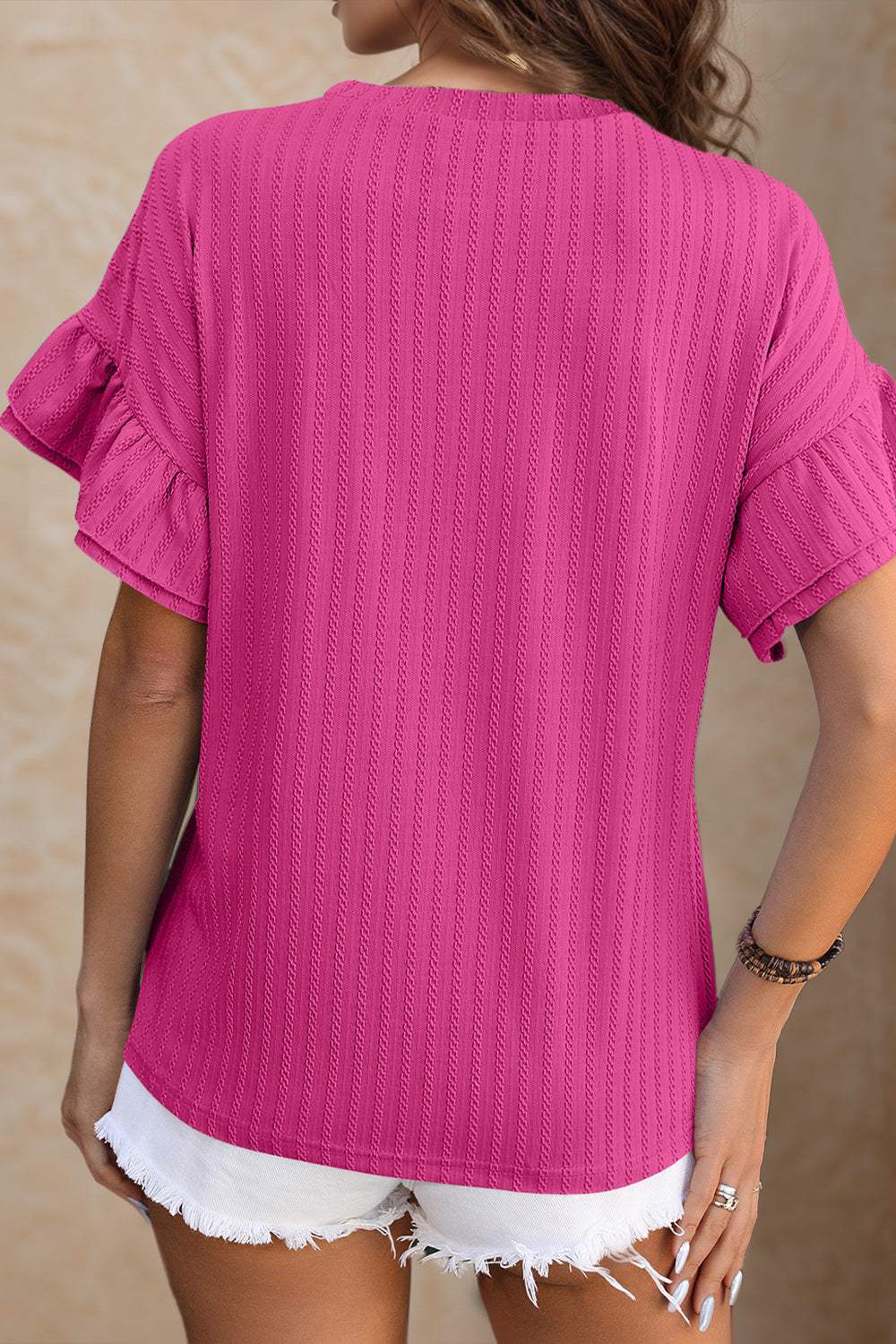 Round Neck Flounce Sleeve Blouse - Trendsi - Flyclothing LLC