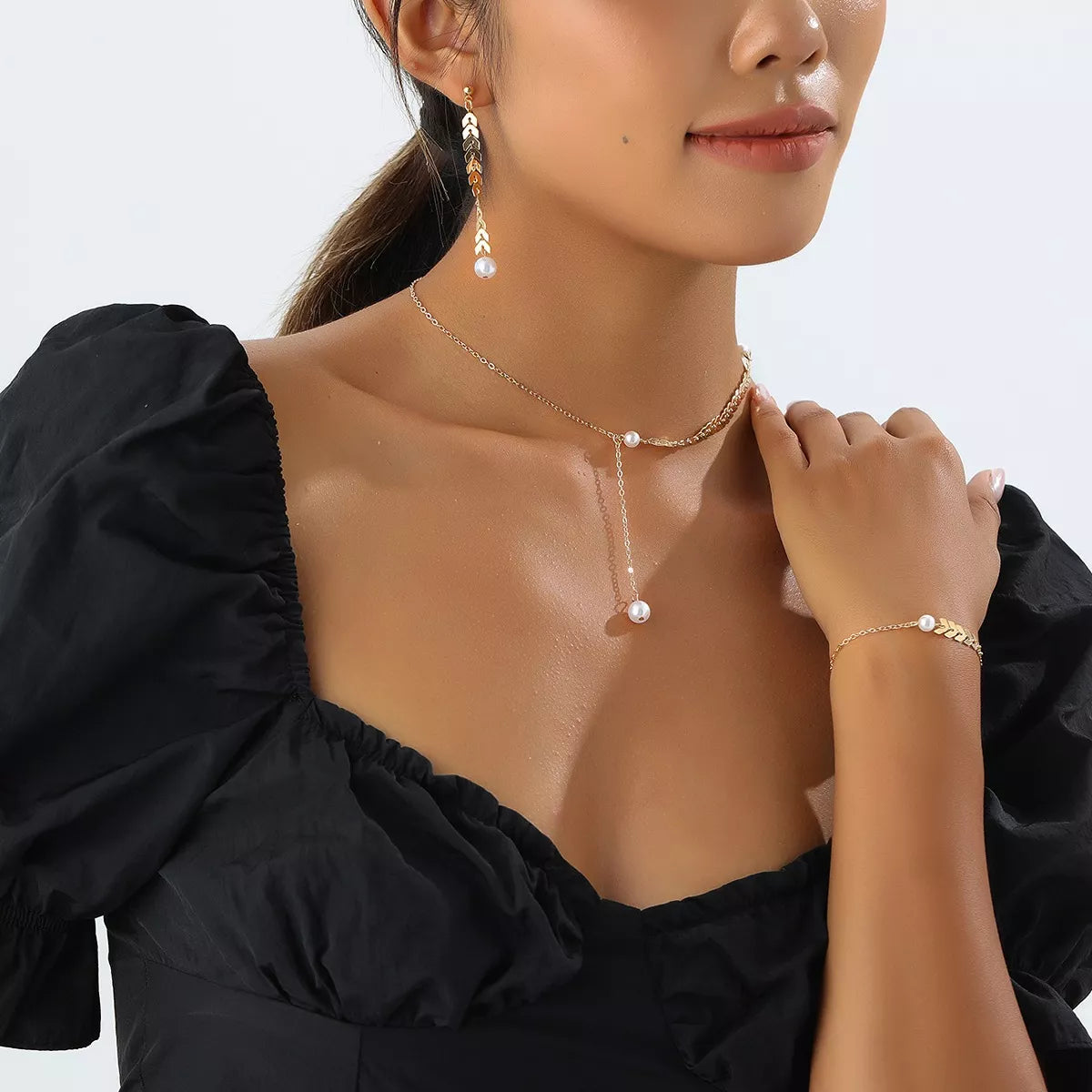 Wheat‑Spike Faux Pearl Necklace Bracelet Earrings 3‑Pcs Jewelry Set - Trendsi - Flyclothing LLC