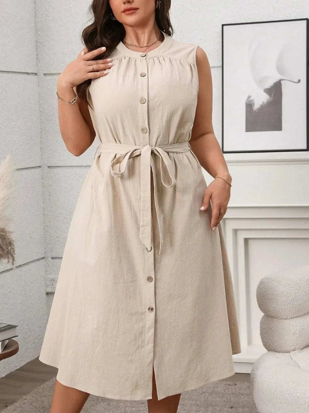 Plus Size Button Front Tie Waist Sleeveless Dress - Trendsi - Flyclothing LLC
