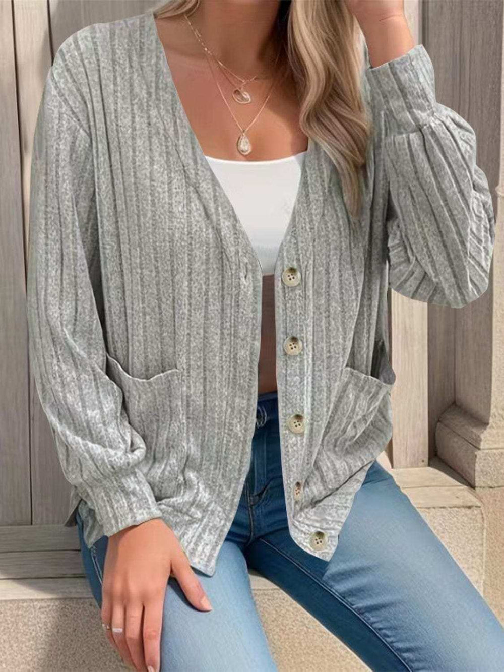 Full Size Button Up V-Neck Long Sleeve Cardigan - Trendsi - Flyclothing LLC