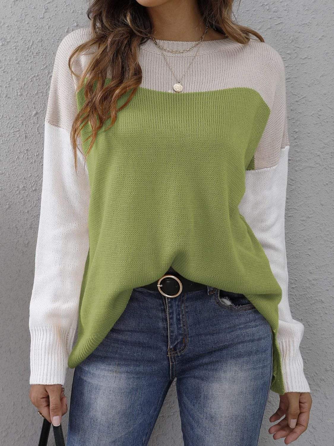 Color Block Round Neck Sweater - Trendsi - Flyclothing LLC