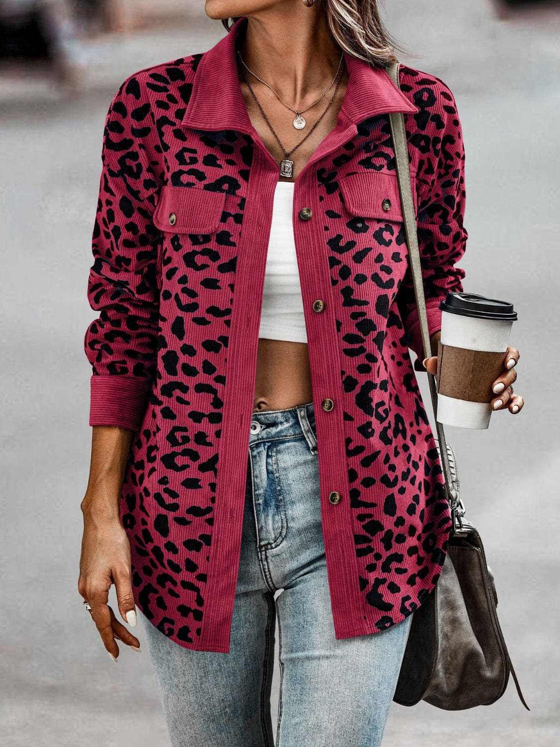 Full Size Leopard Collared Neck Button Up Long Sleeve Jacket - Trendsi